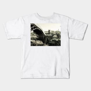 Ironbridge with Village in Spring Snow Kids T-Shirt